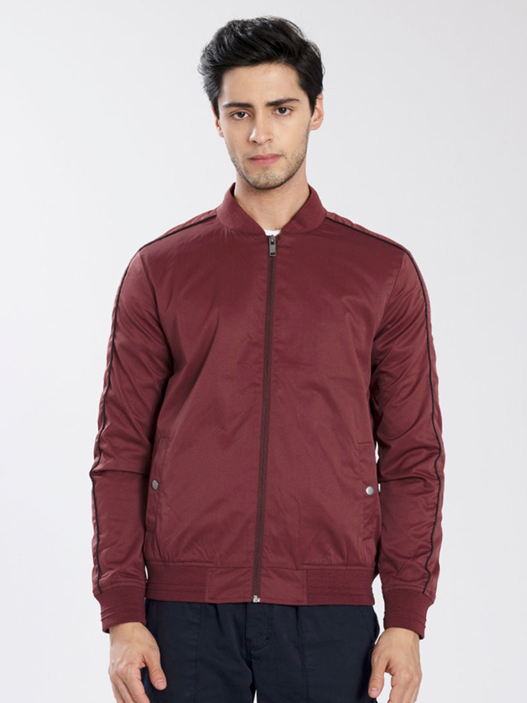 

Snitch Men Maroon & Black Bomber Jacket