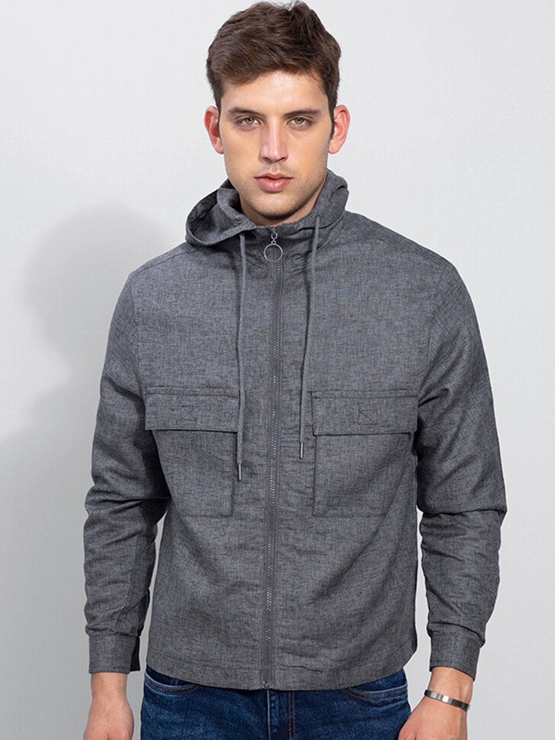 

Snitch Men Grey Linen Bomber Jacket