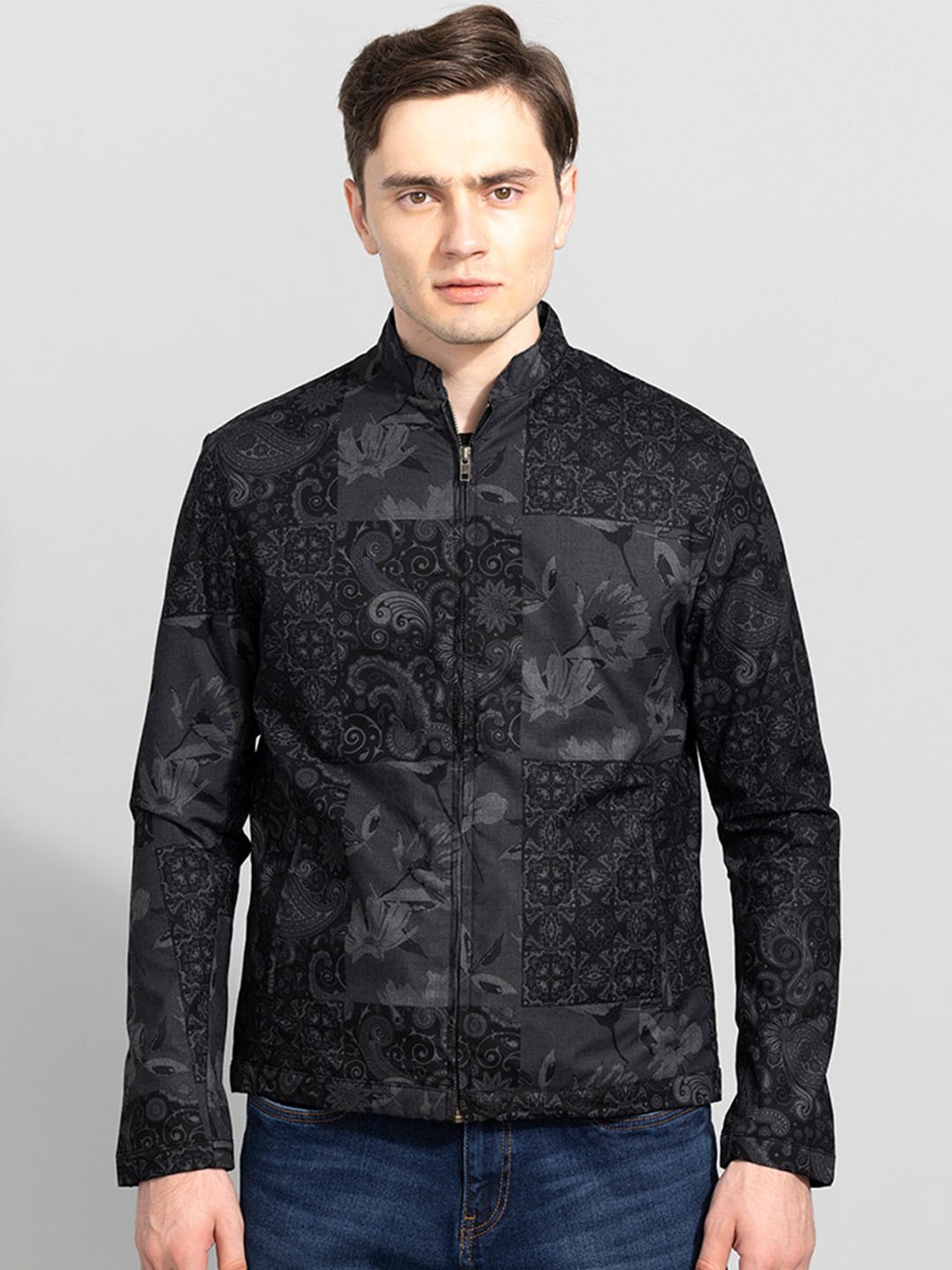 

Snitch Men Grey Floral Biker Jacket