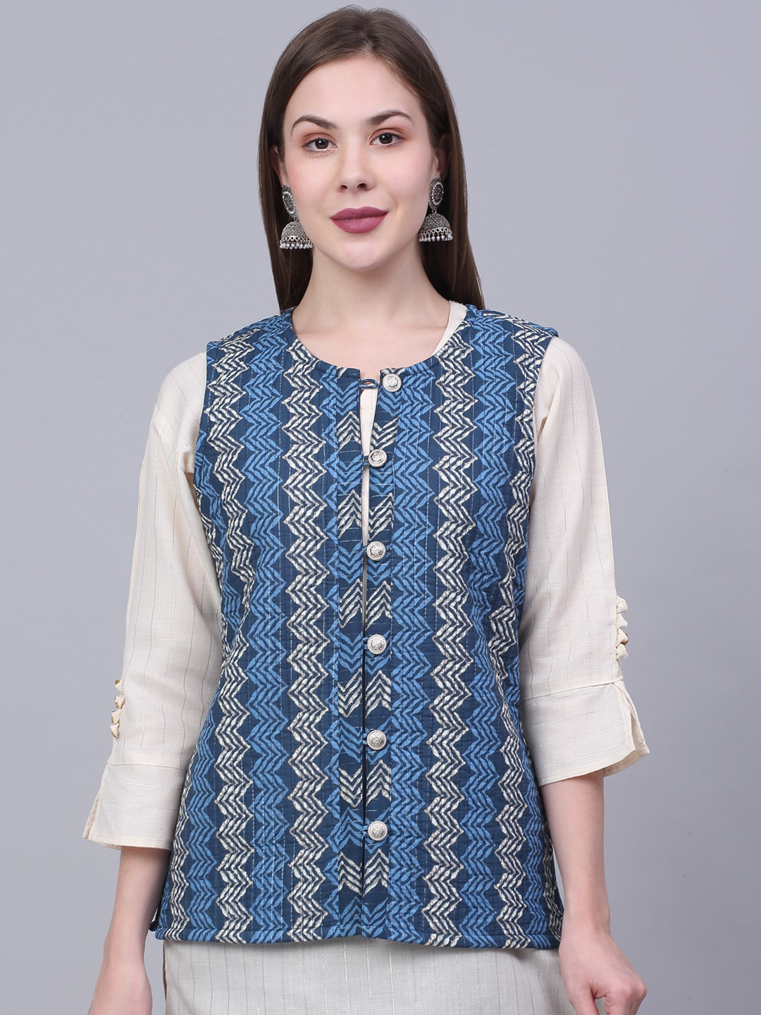

Assamica Women Blue Grey Geometric Lightweight Tailored Jacket