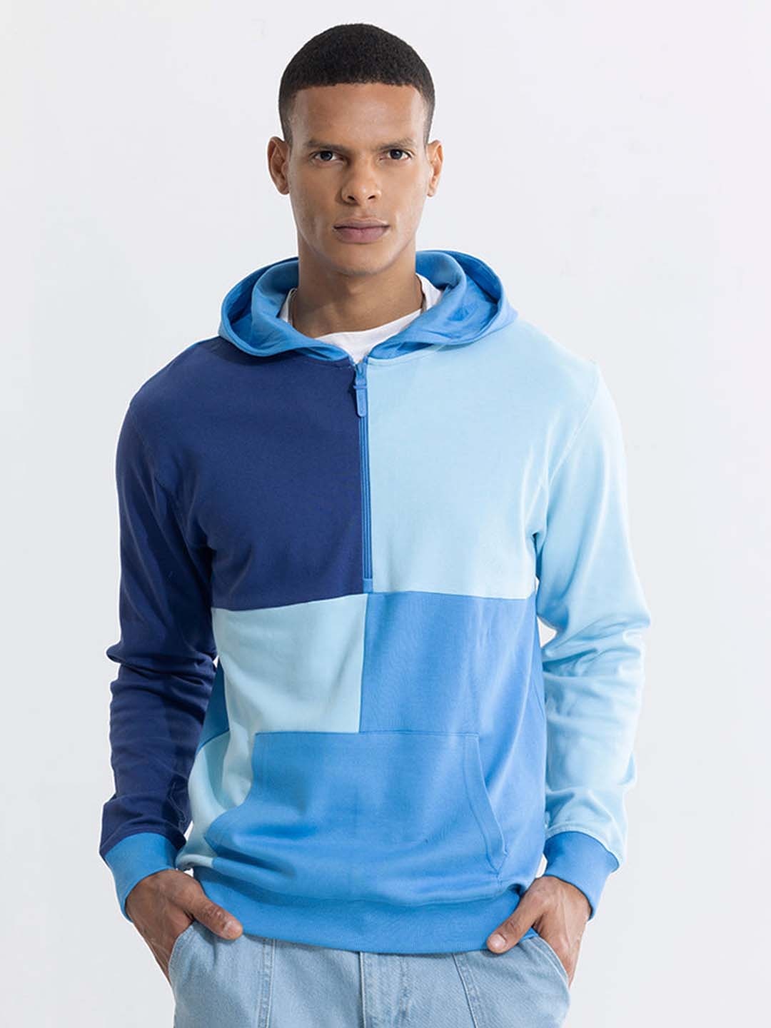 

Snitch Men Blue Colourblocked Hooded Cotton Sweatshirt