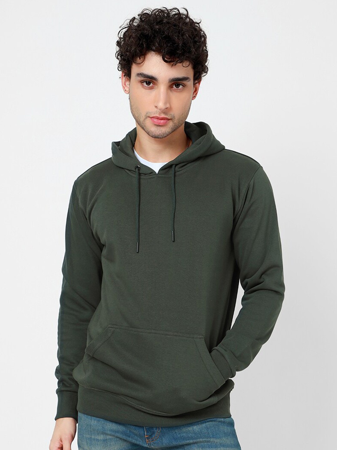 

Snitch Men Olive Green Hooded Cotton Sweatshirt
