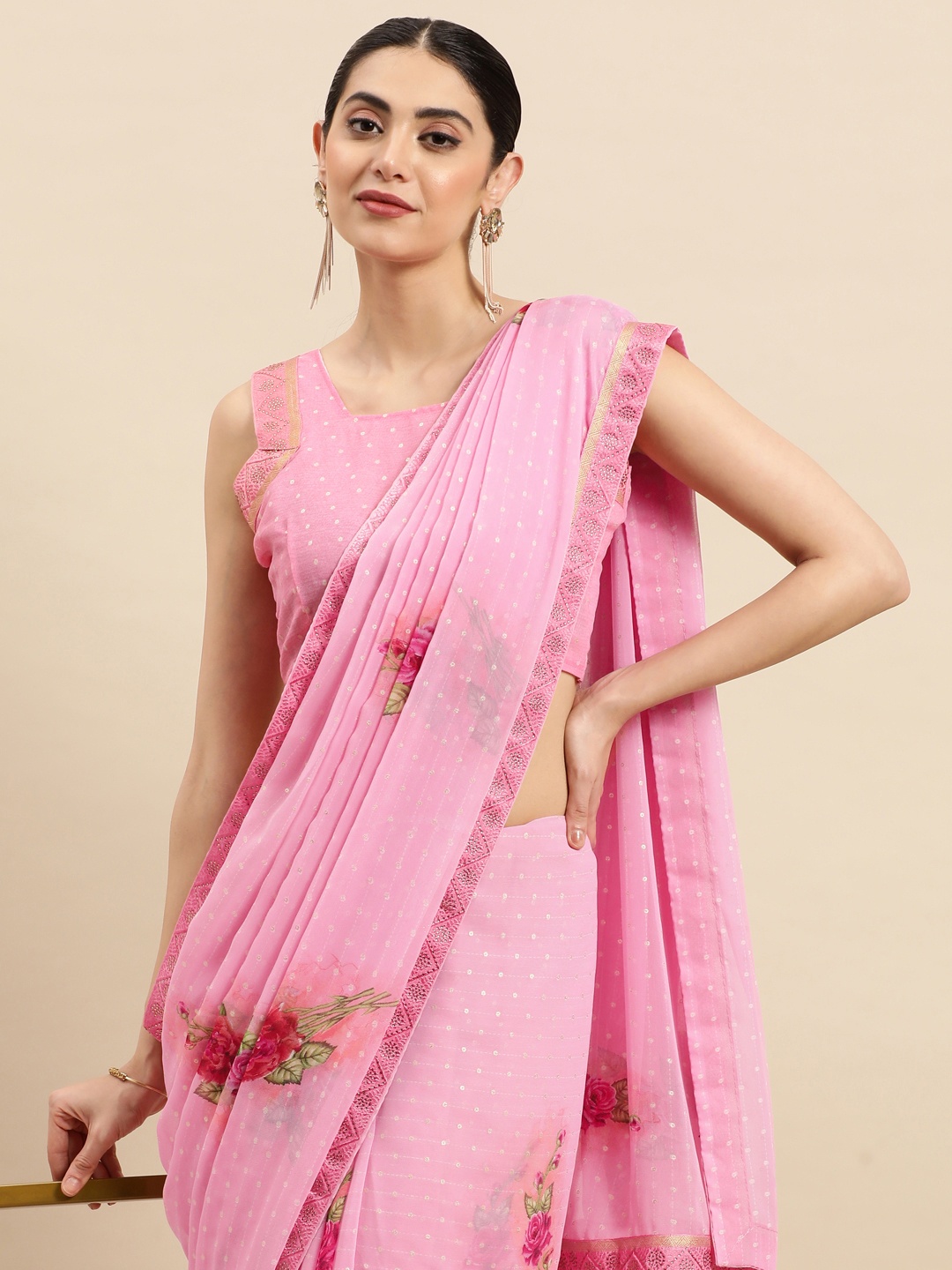 

Mitera Floral Sequinned Pure Georgette Saree, Pink