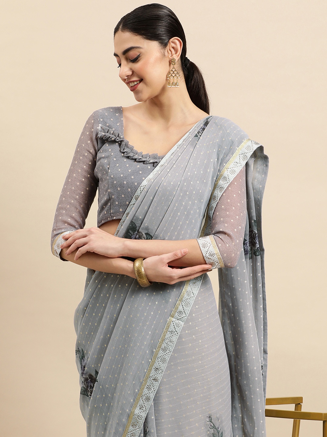 

Mitera Floral Sequinned Pure Georgette Saree, Grey