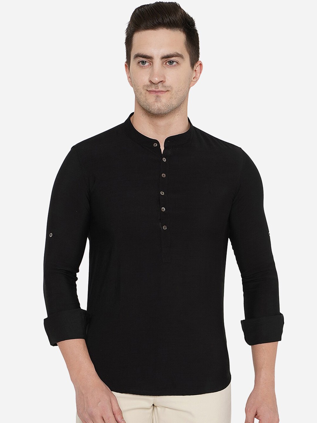 

JB STUDIO Mandarin collar Long Sleeves Cotton Kurta, Black