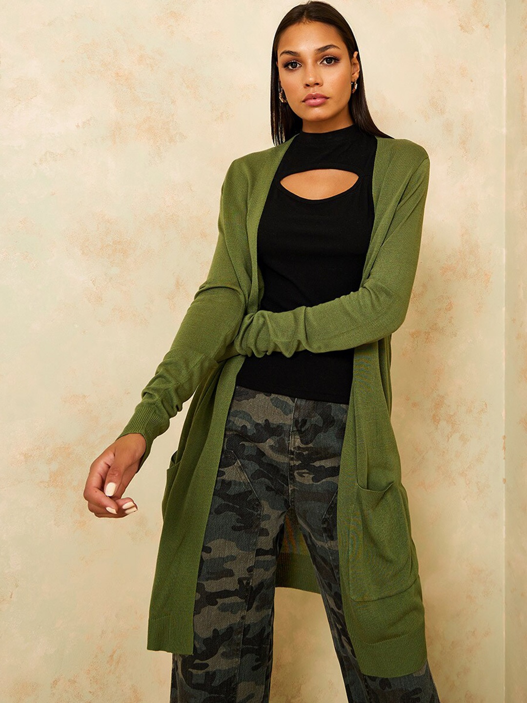 

Styli Women Khaki Front Open Longline Sweater