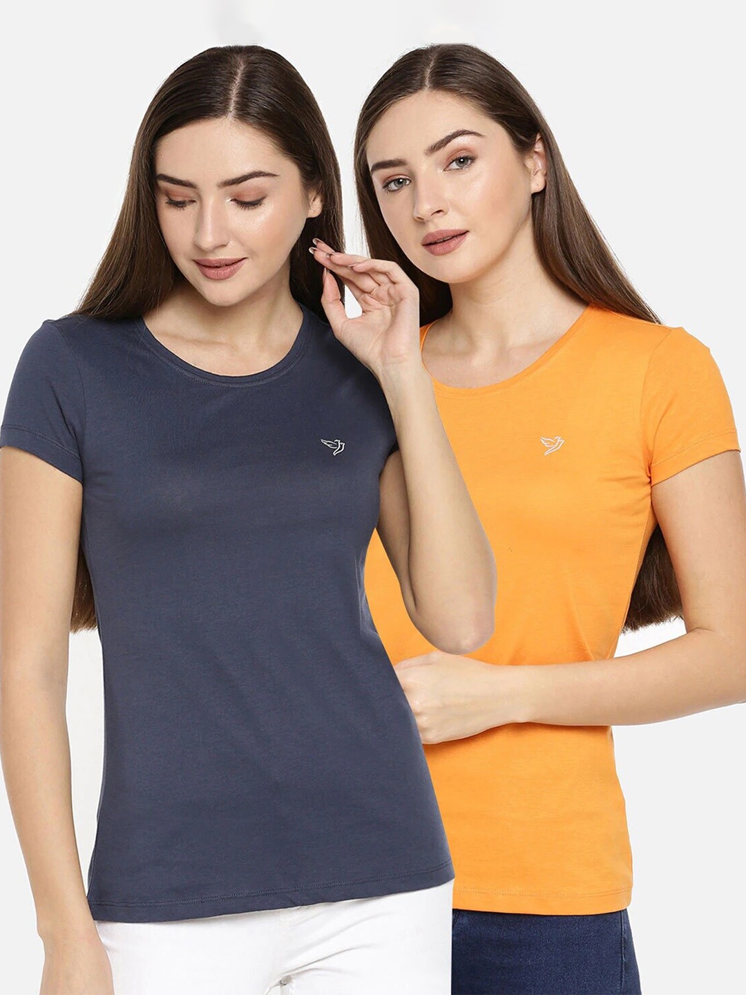 

TWIN BIRDS Women Yellow & Grey Pure Cotton Slim Fit T-shirt Pack of 2