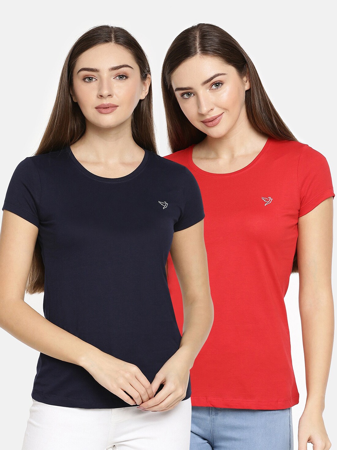 

TWIN BIRDS Women Yellow & Grey Pure Cotton Slim Fit T-shirt Pack of 2, Navy blue