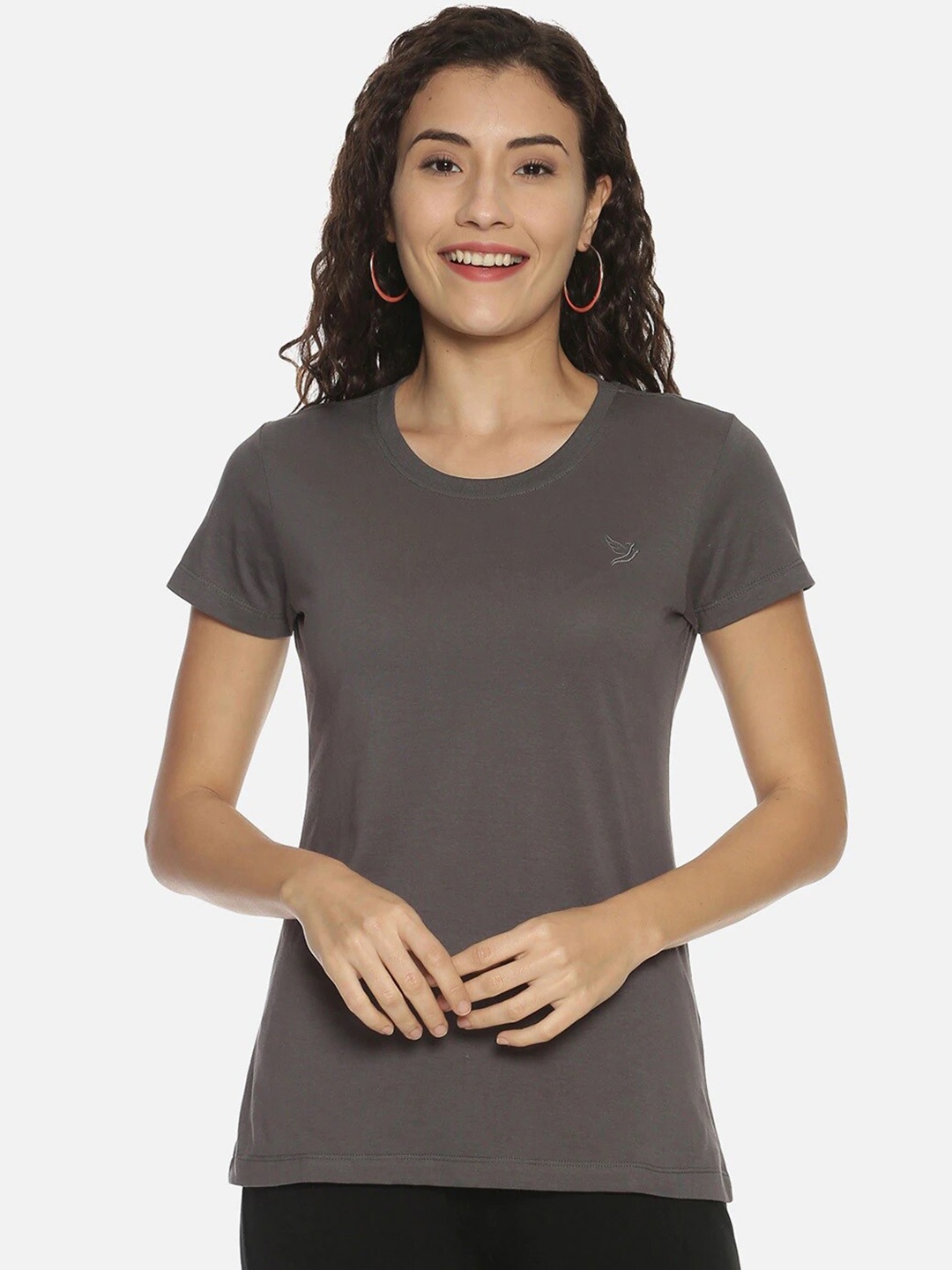 

TWIN BIRDS Women Grey Organic Cotton Slim Fit T-shirt