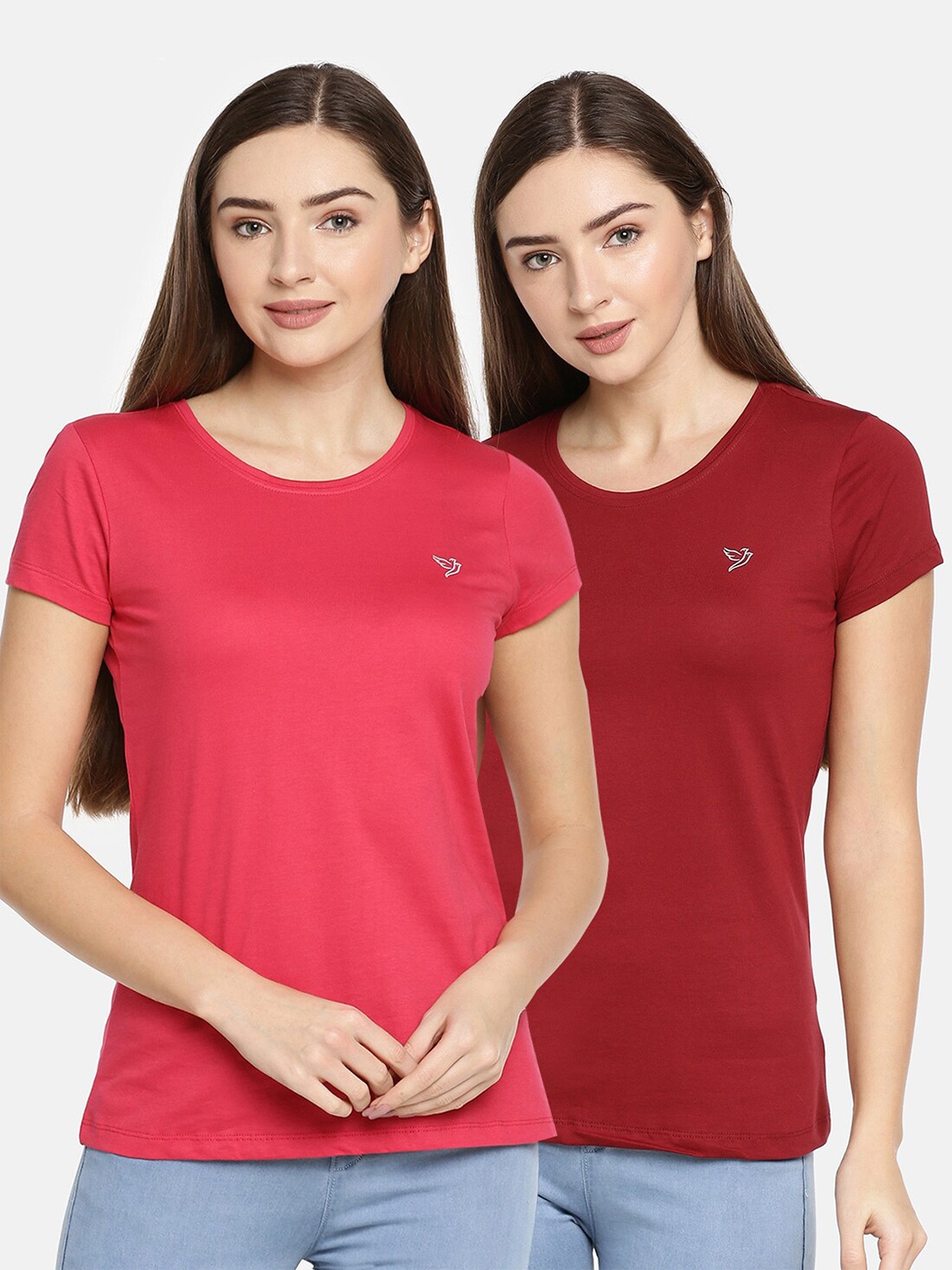 

TWIN BIRDS Women Yellow & Grey Pure Cotton Slim Fit T-shirt Pack of 2, Coral