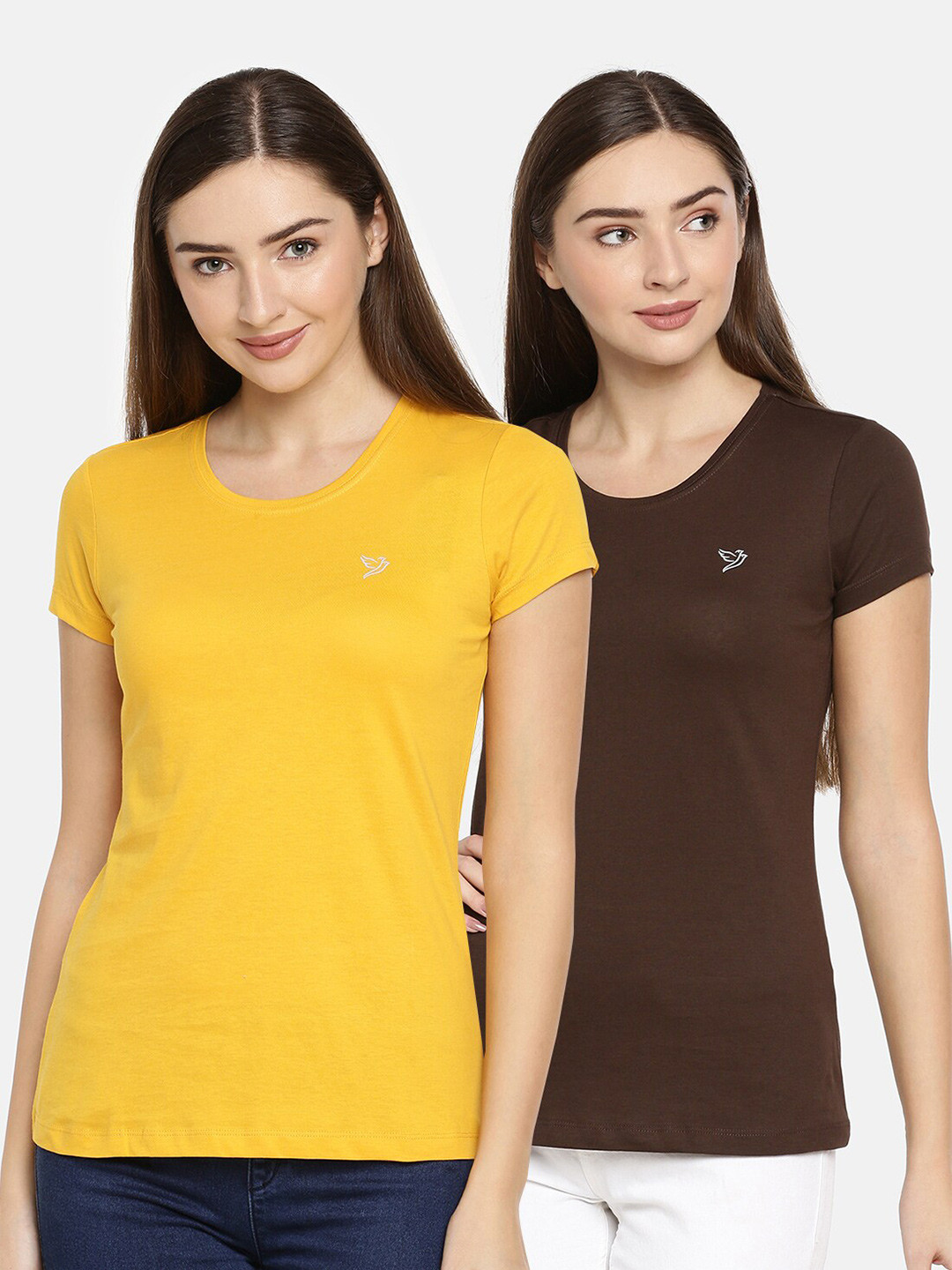 

TWIN BIRDS Women Yellow & Brown Pure Cotton Slim Fit T-shirt Pack of 2