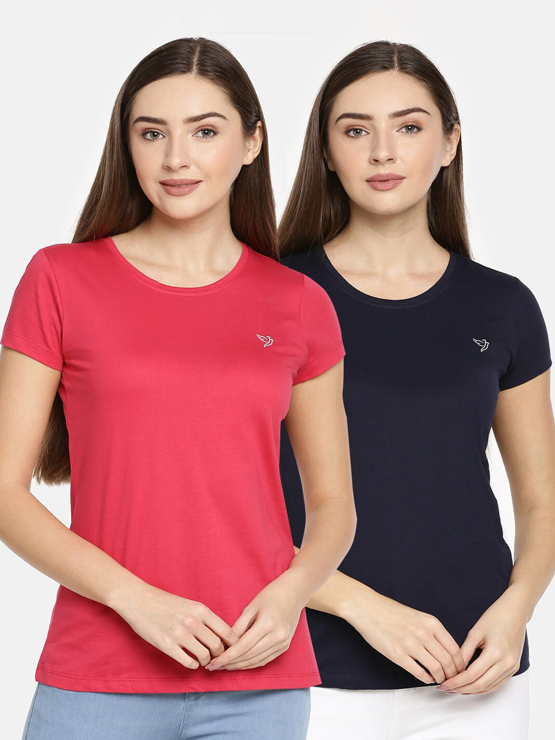 

TWIN BIRDS Women Pink & Navy Blue Pure Cotton Slim Fit T-shirt Pack of 2