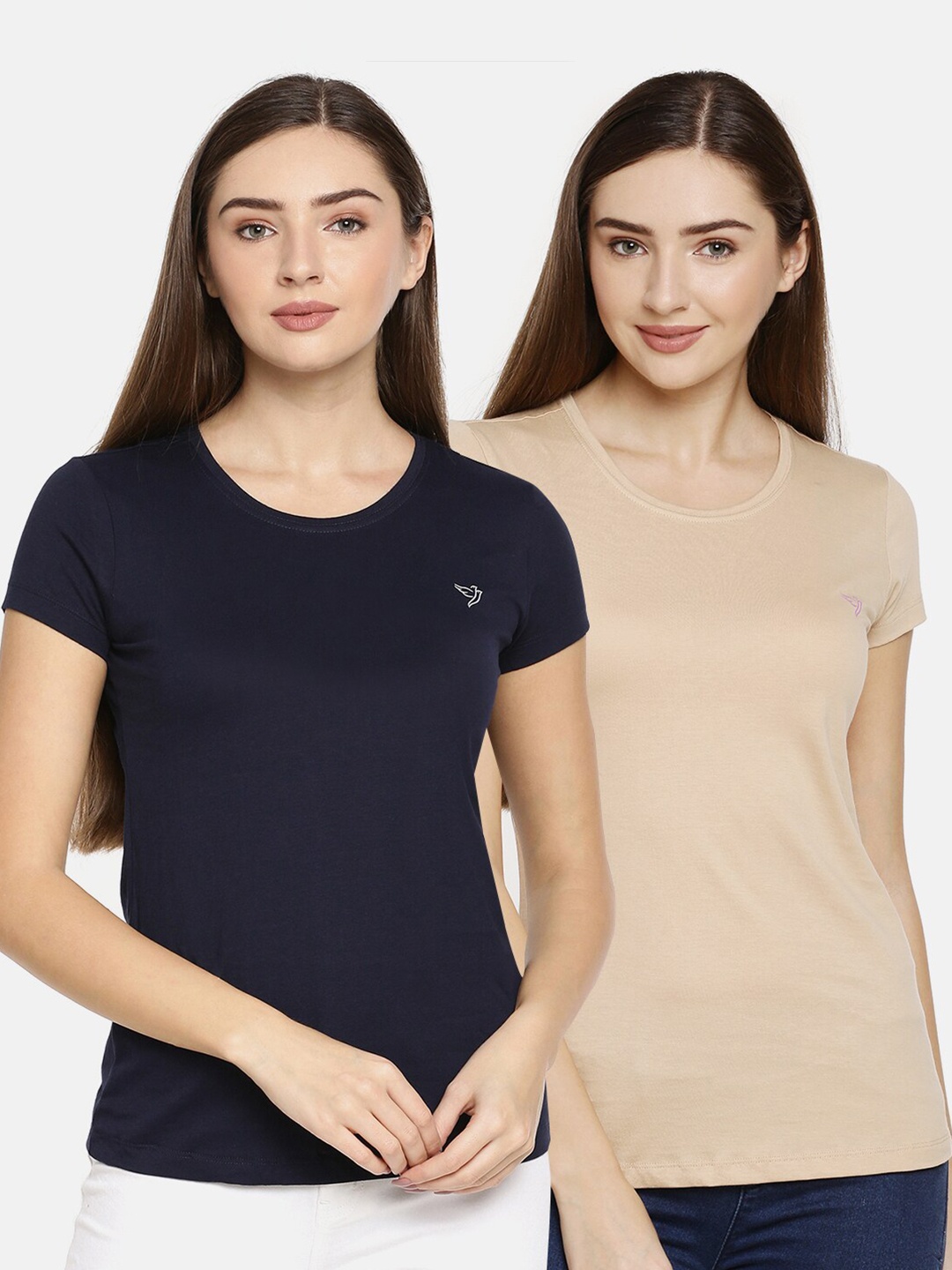 

TWIN BIRDS Women Navy Blue & Beige Pure Cotton Slim Fit T-shirt Pack of 2