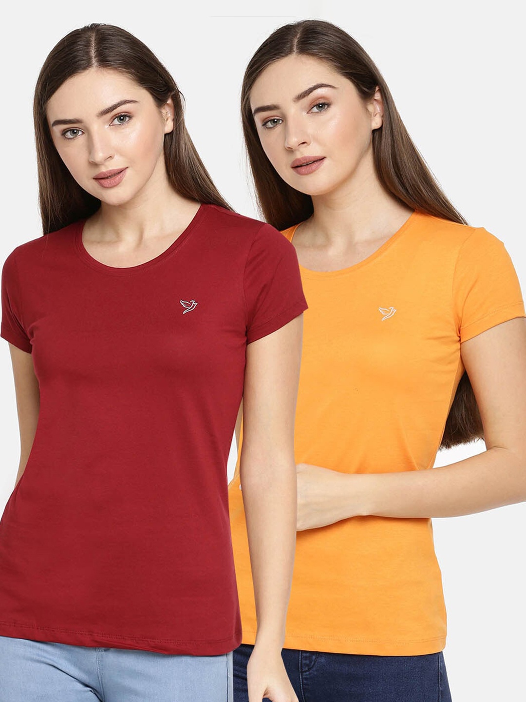 

TWIN BIRDS Women Orange & Maroon Pure Cotton Slim Fit T-shirt Pack of 2