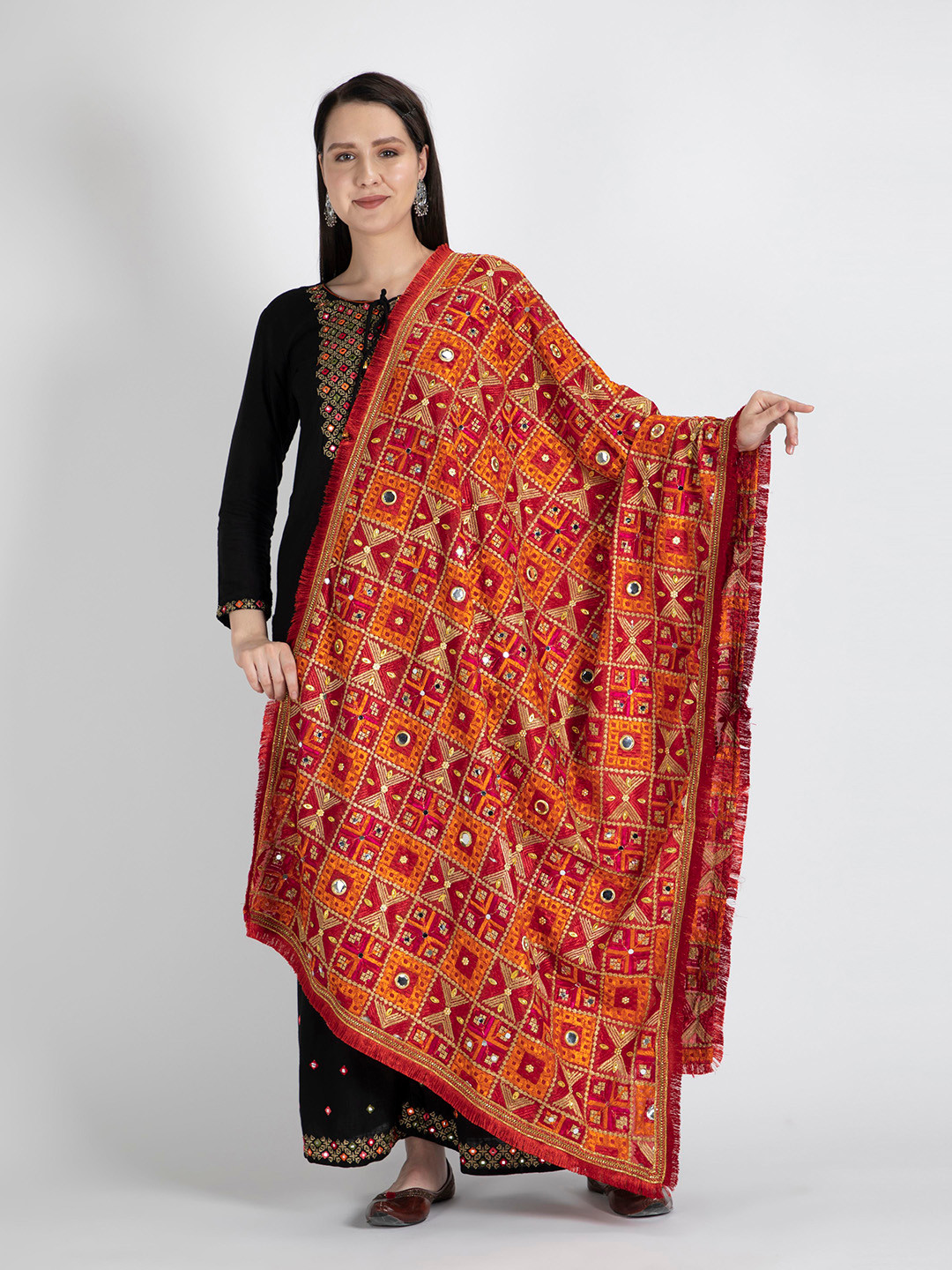 

Moda Chales Women Orange & Red Embroidered Dupatta with Phulkari