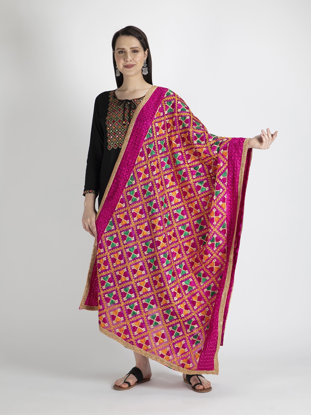 

Moda Chales Magenta & Green Embroidered Dupatta with Phulkari