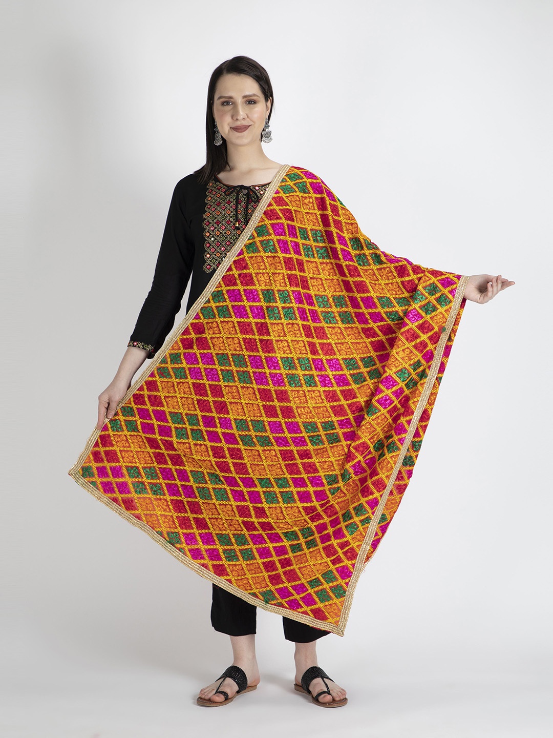 

Moda Chales Women Yellow & Pink Embroidered Dupatta with Phulkari