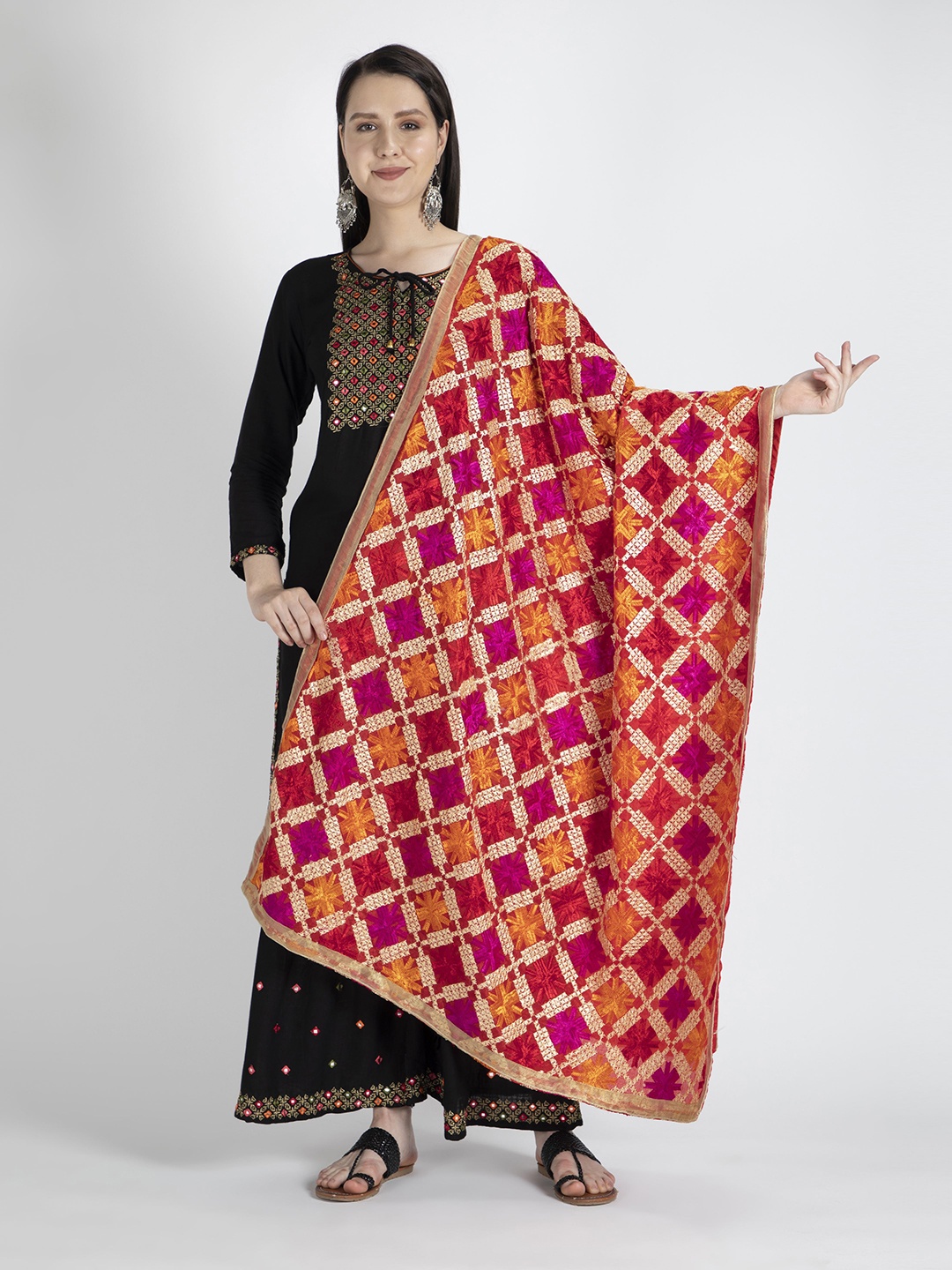 

Moda Chales Women Red & Orange Embroidered Dupatta with Phulkari