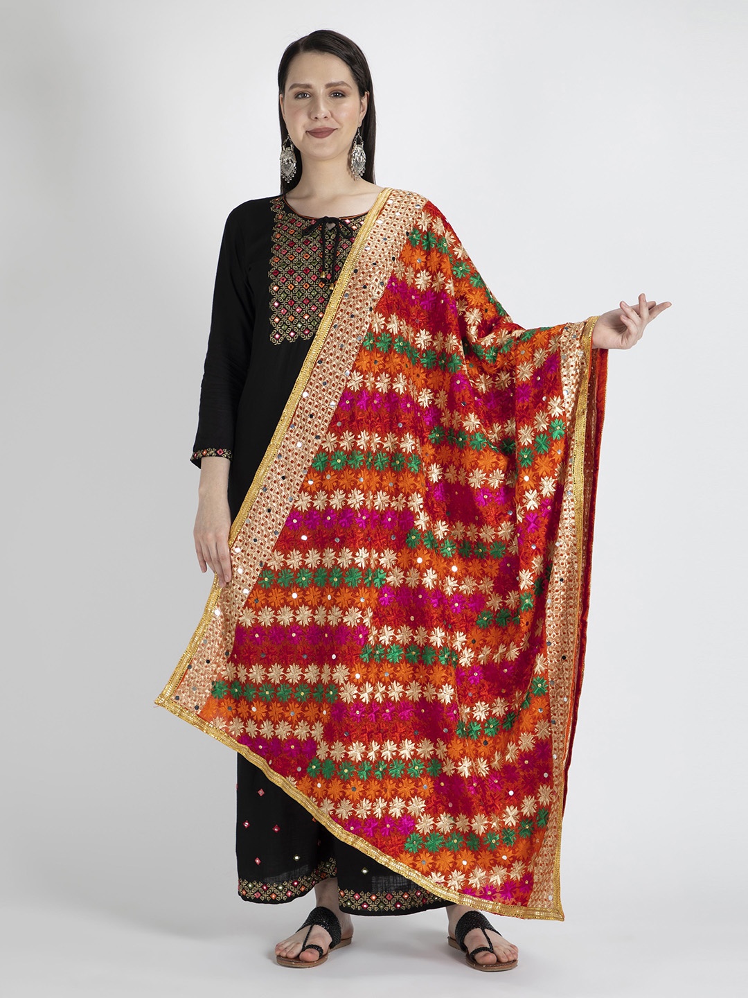 

Moda Chales Women Red & Green Embroidered Dupatta with Phulkari