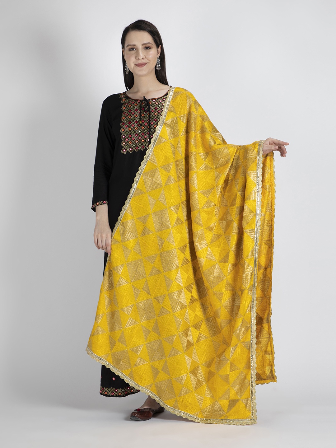 

Moda Chales Women Yellow & Gold-Toned Embroidered Dupatta with Phulkari