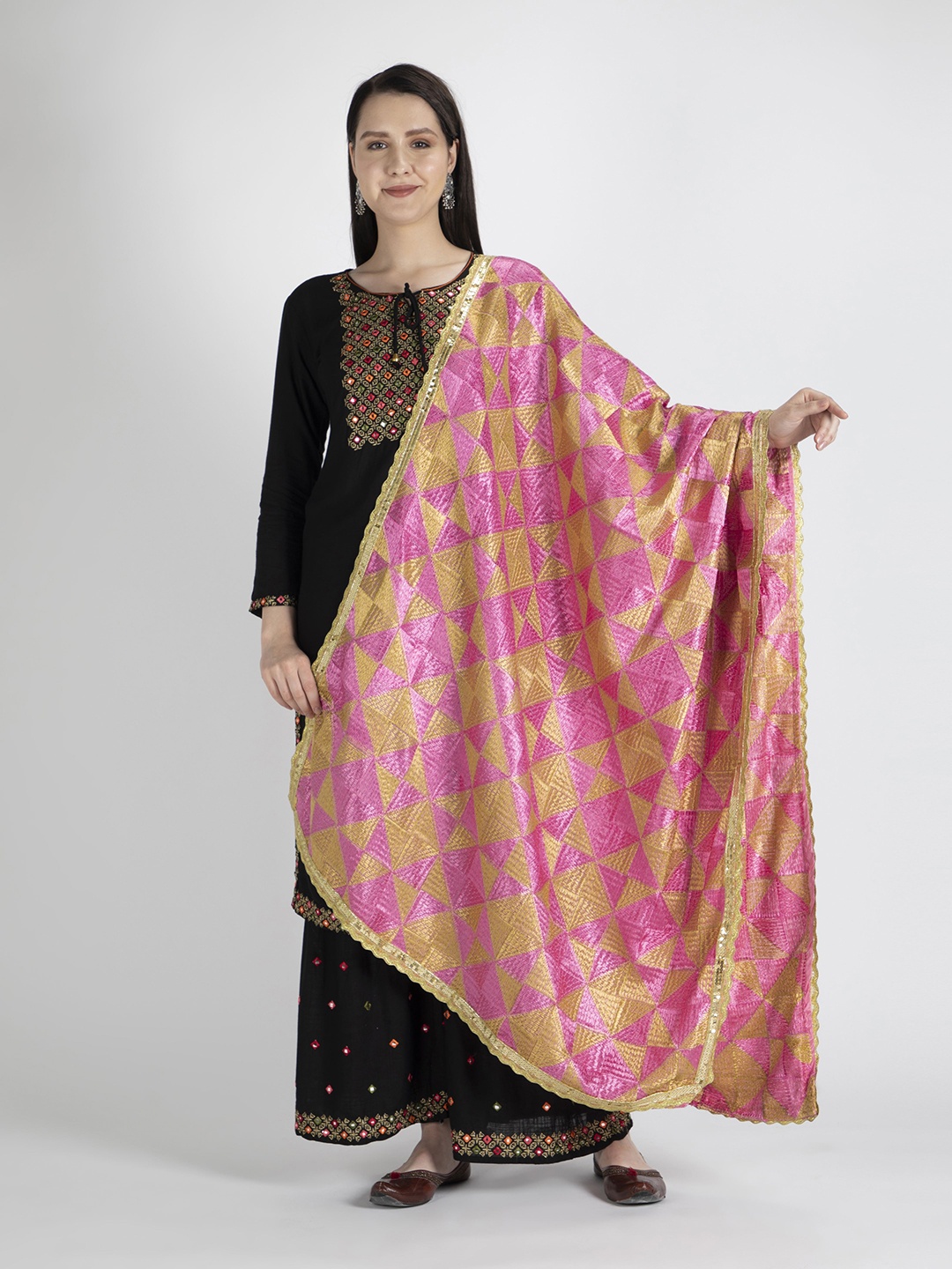 

Moda Chales Women Pink & Gold-Toned Embroidered Dupatta with Phulkari