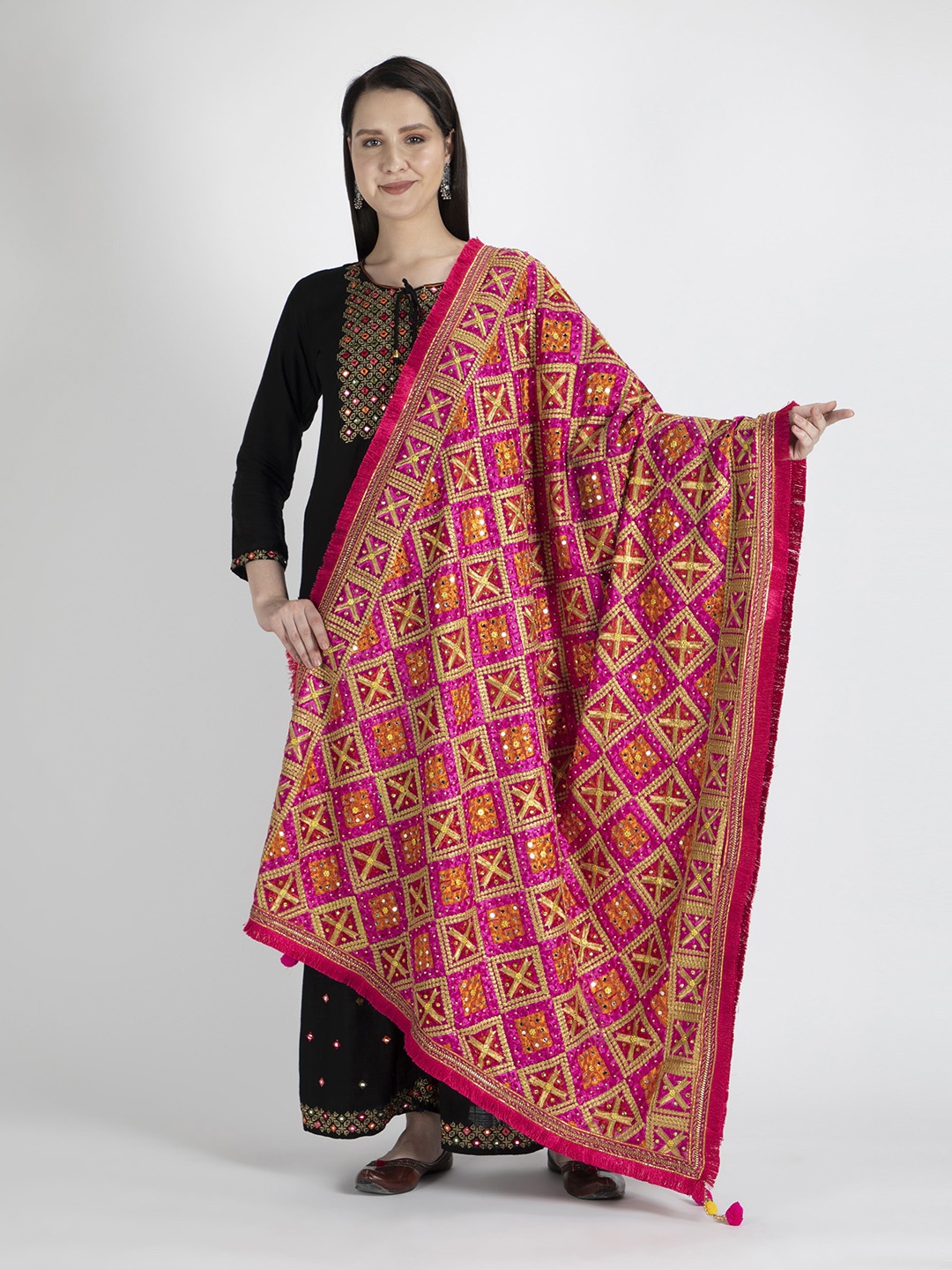 

Moda Chales Women Pink & Yellow Embroidered Dupatta with Phulkari