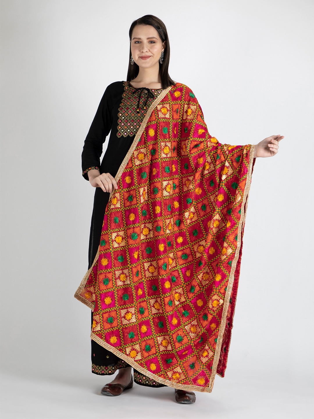 

Moda Chales Red & Yellow Embroidered Dupatta with Phulkari