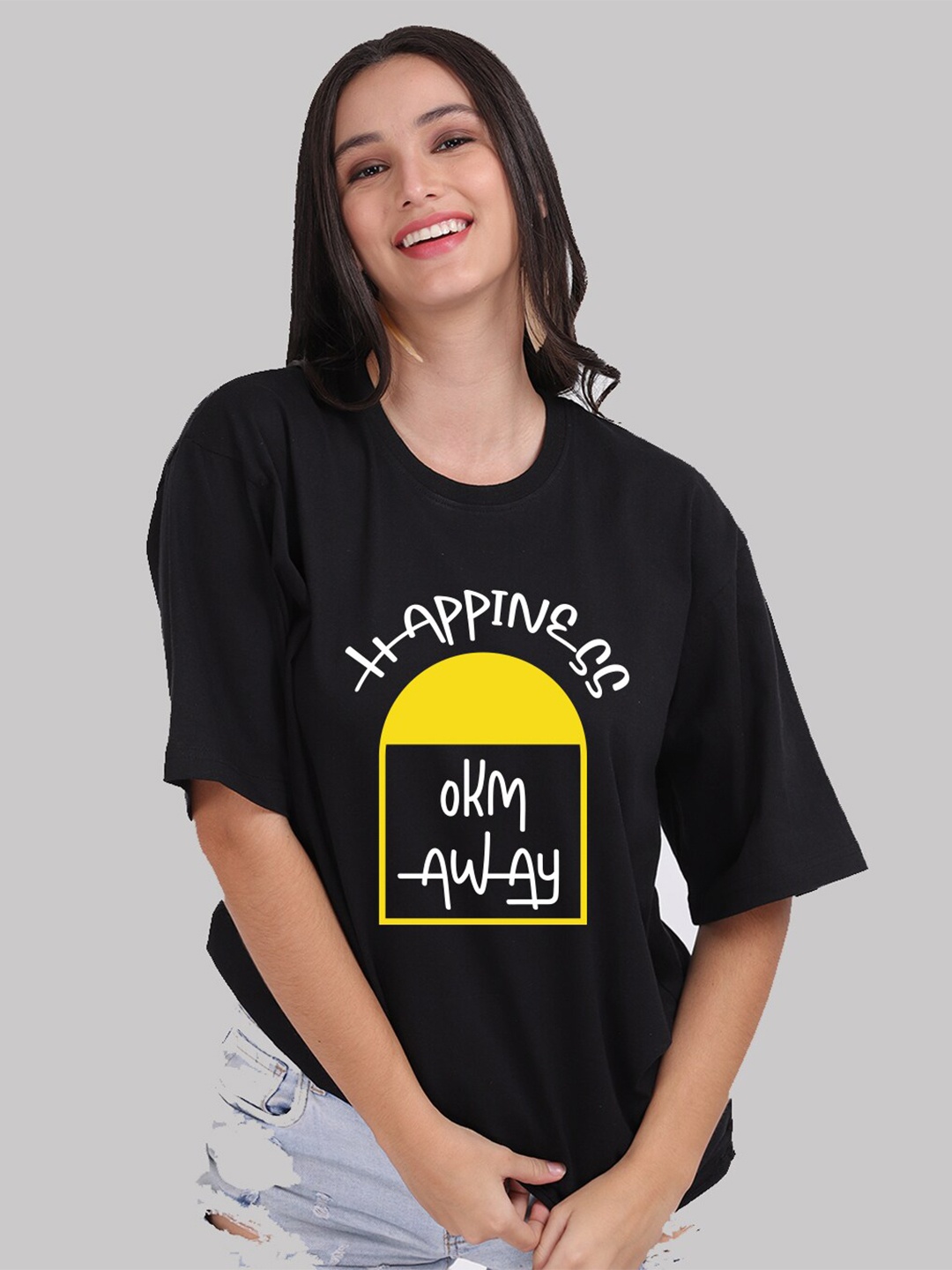 

Mad Over Print Women Black Cotton Typography Printed Loose T-shirt