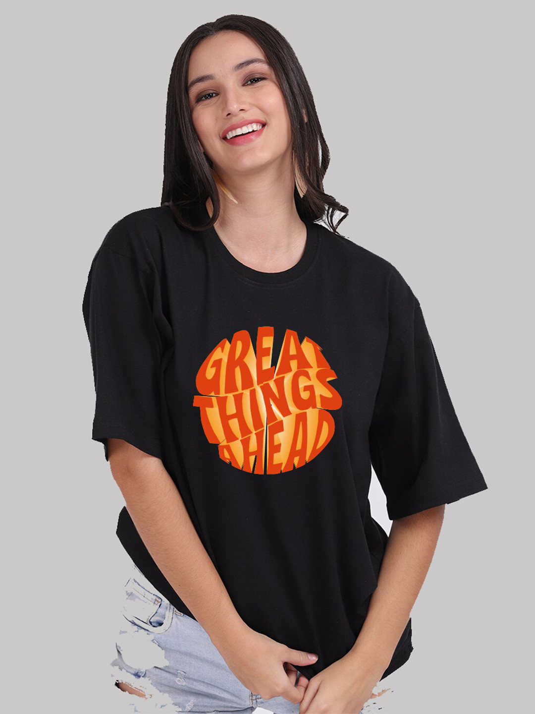 

Mad Over Print Women Black Cotton Typography Printed Loose T-shirt