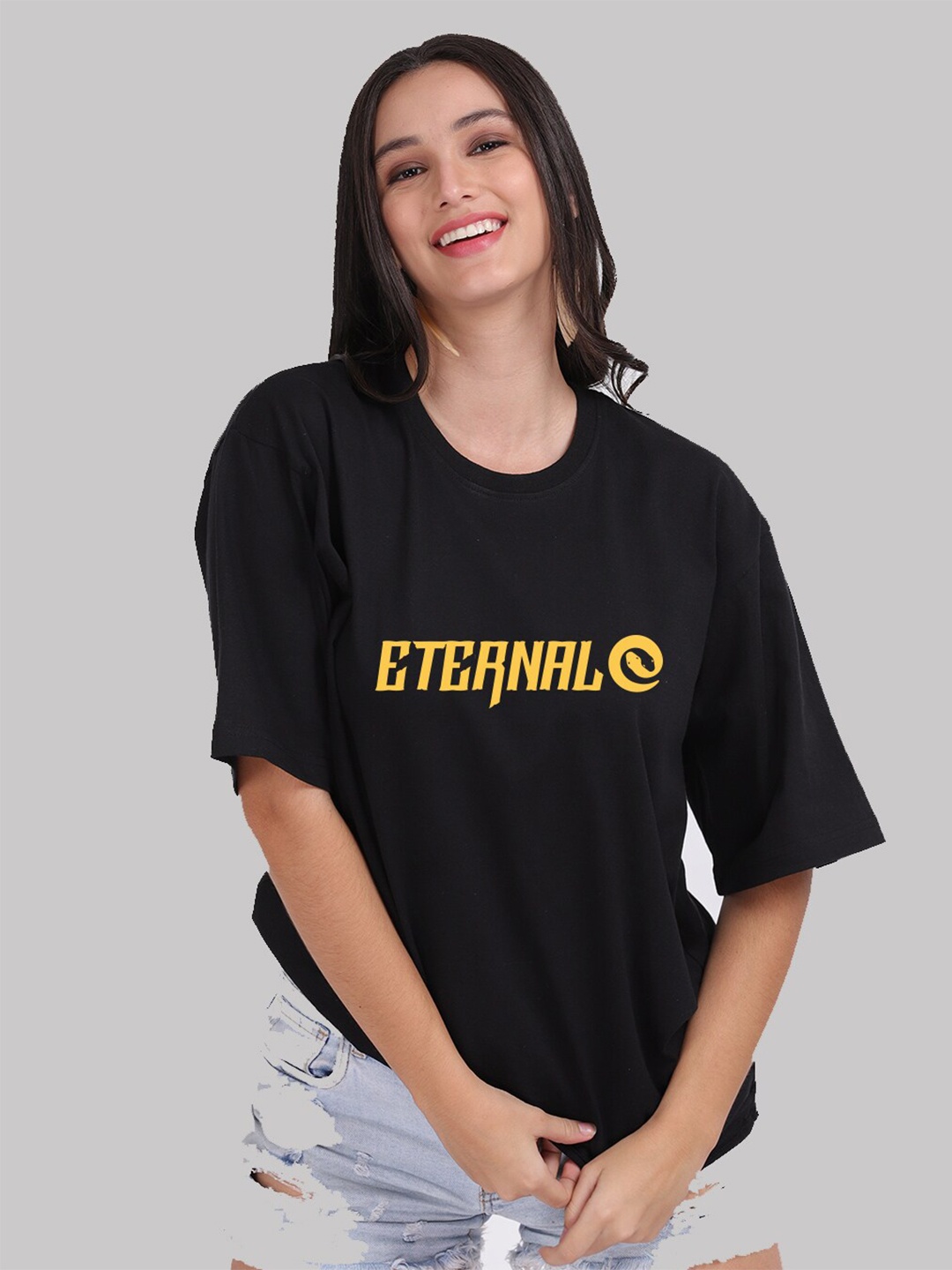 

Mad Over Print Women Black Cotton Typography Printed Loose T-shirt