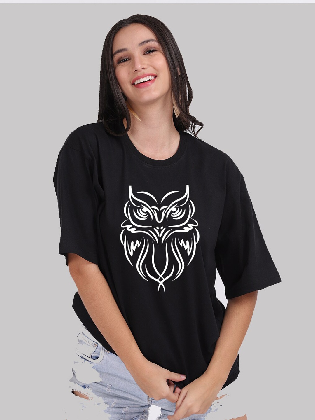 

Mad Over Print Women Black Cotton Printed Loose T-shirt