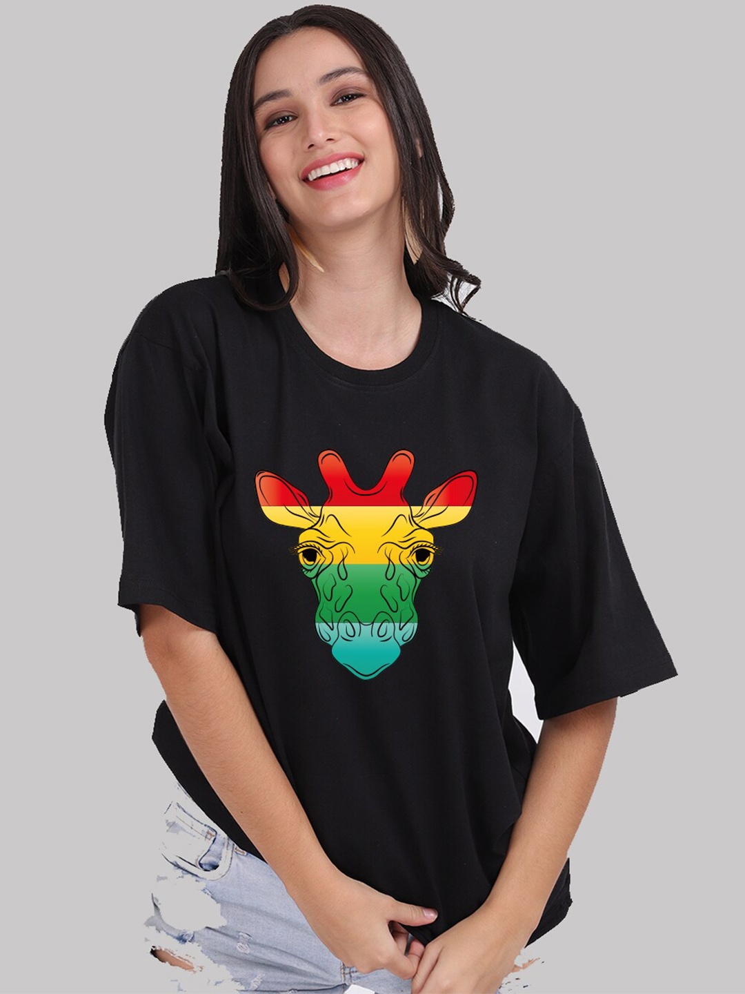 

Mad Over Print Women Black Cotton Printed Loose T-shirt