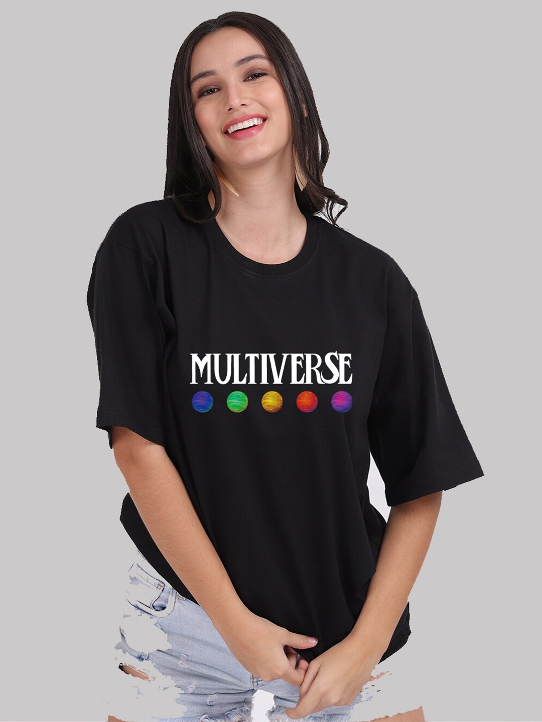 

Mad Over Print Women Black Cotton Typography Printed Loose T-shirt