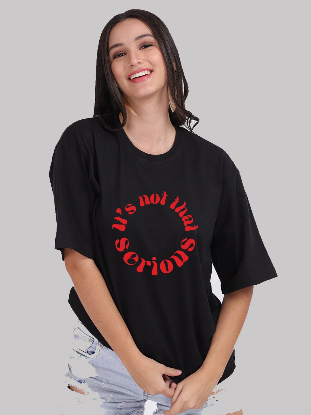 

Mad Over Print Women Black Cotton Typography Printed Loose T-shirt