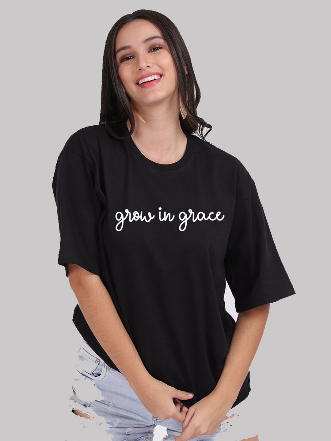 

Mad Over Print Women Black Cotton Typography Printed Loose T-shirt