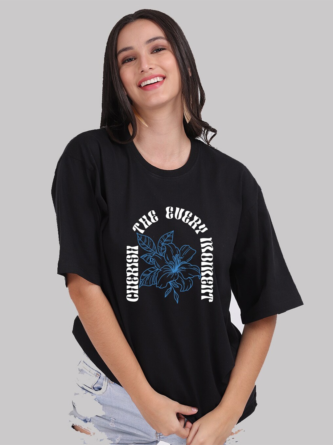 

Mad Over Print Women Black Cotton Typography Printed Oversized T-shirt