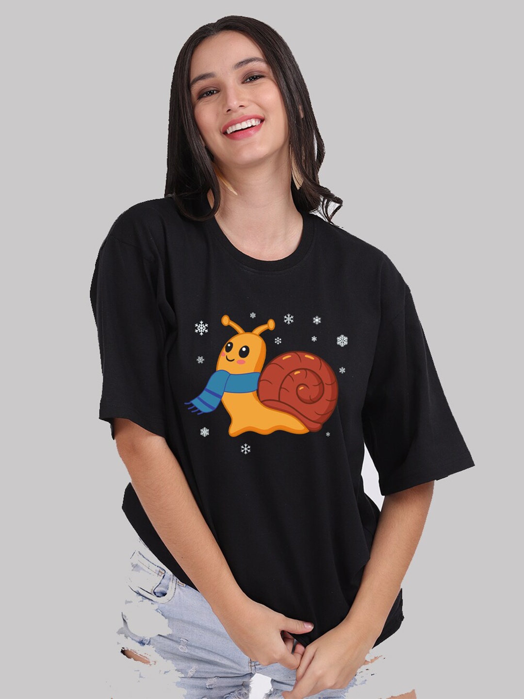 

Mad Over Print Women Black Cotton Printed Loose T-shirt