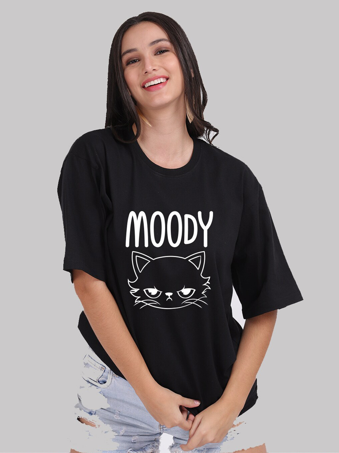 

Mad Over Print Women Black Cotton Typography Printed Loose T-shirt