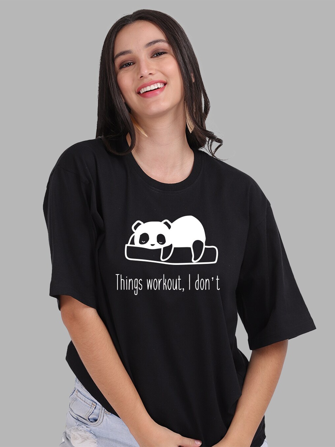 

Mad Over Print Women Black Cotton Printed Oversized T-shirt