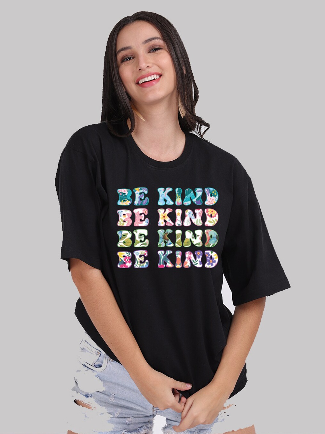 

Mad Over Print Women Black Cotton Typography Printed Loose T-shirt