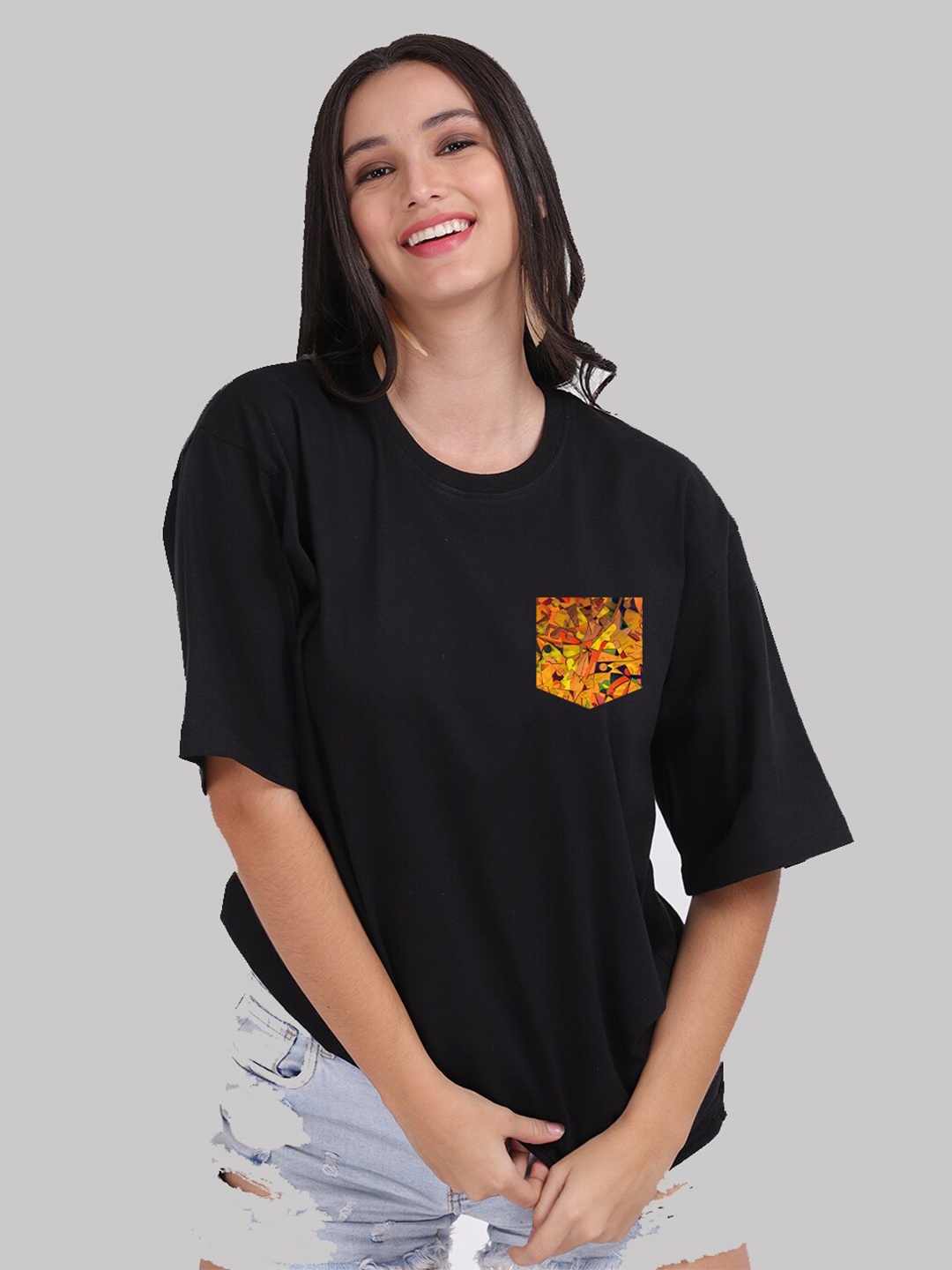 

Mad Over Print Women Black Cotton Printed Oversized T-shirt