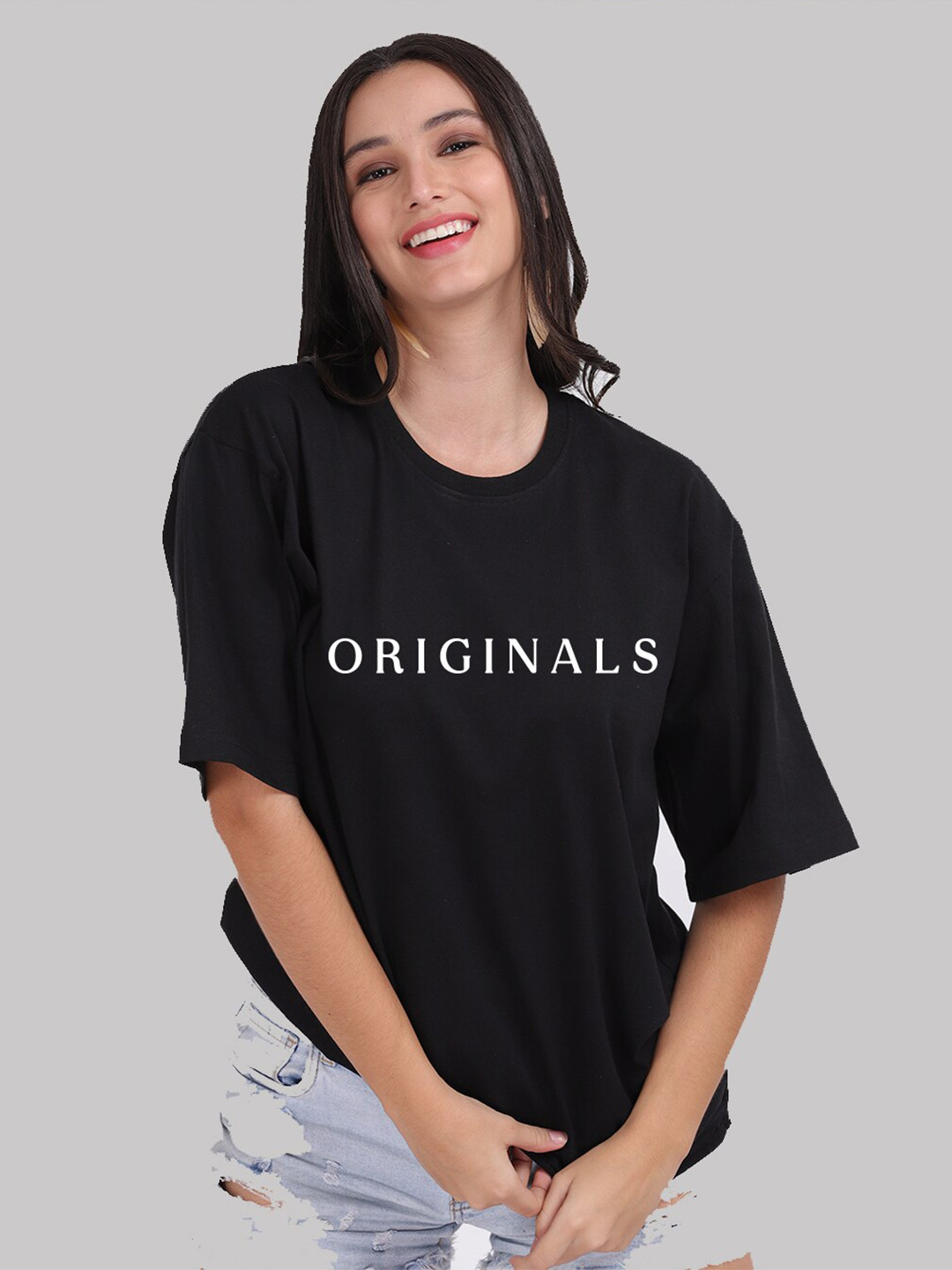 

Mad Over Print Women Black Cotton Typography Printed Loose T-shirt