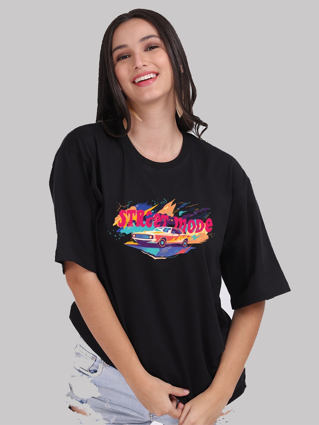 

Mad Over Print Women Black Cotton Typography Printed Loose T-shirt
