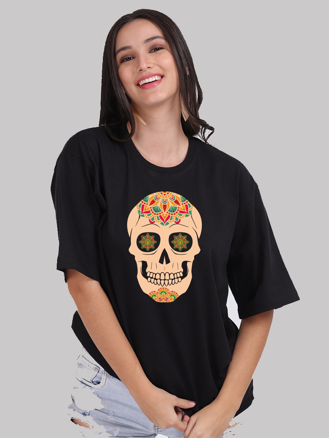 

Mad Over Print Women Black Cotton Printed Loose T-shirt