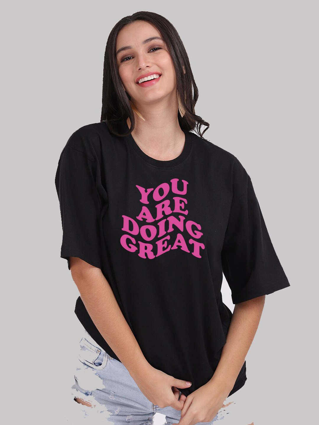

Mad Over Print Women Black Cotton Typography Printed Loose T-shirt