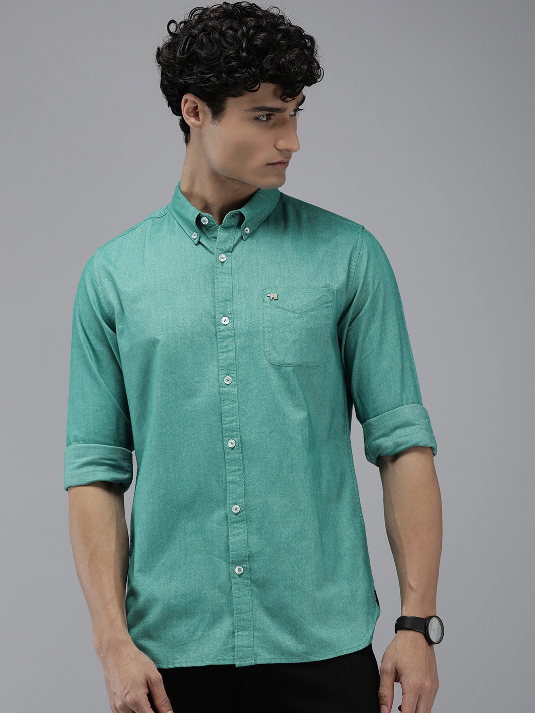 

THE BEAR HOUSE Men Sea Green Pure Cotton Solid Slim Fit Casual Shirt