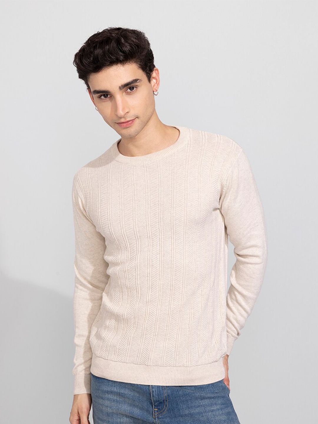 

Snitch Men Cream-Coloured Cable Knit Cotton Pullover Sweater