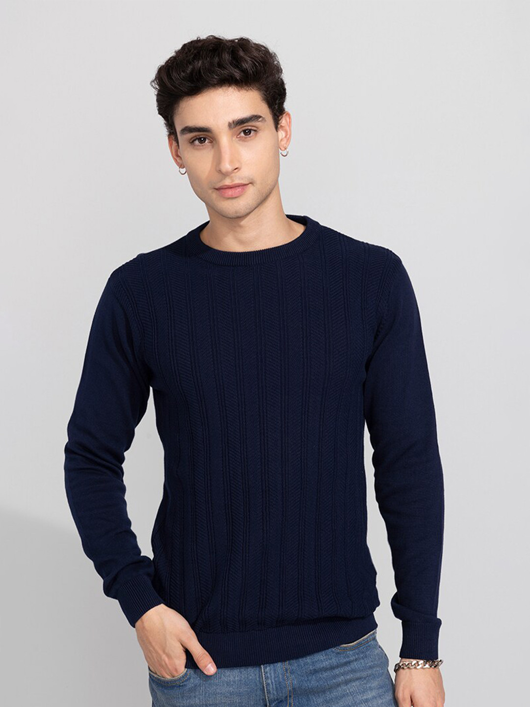 

Snitch Men Navy Blue Self design Cotton Pullover Sweater
