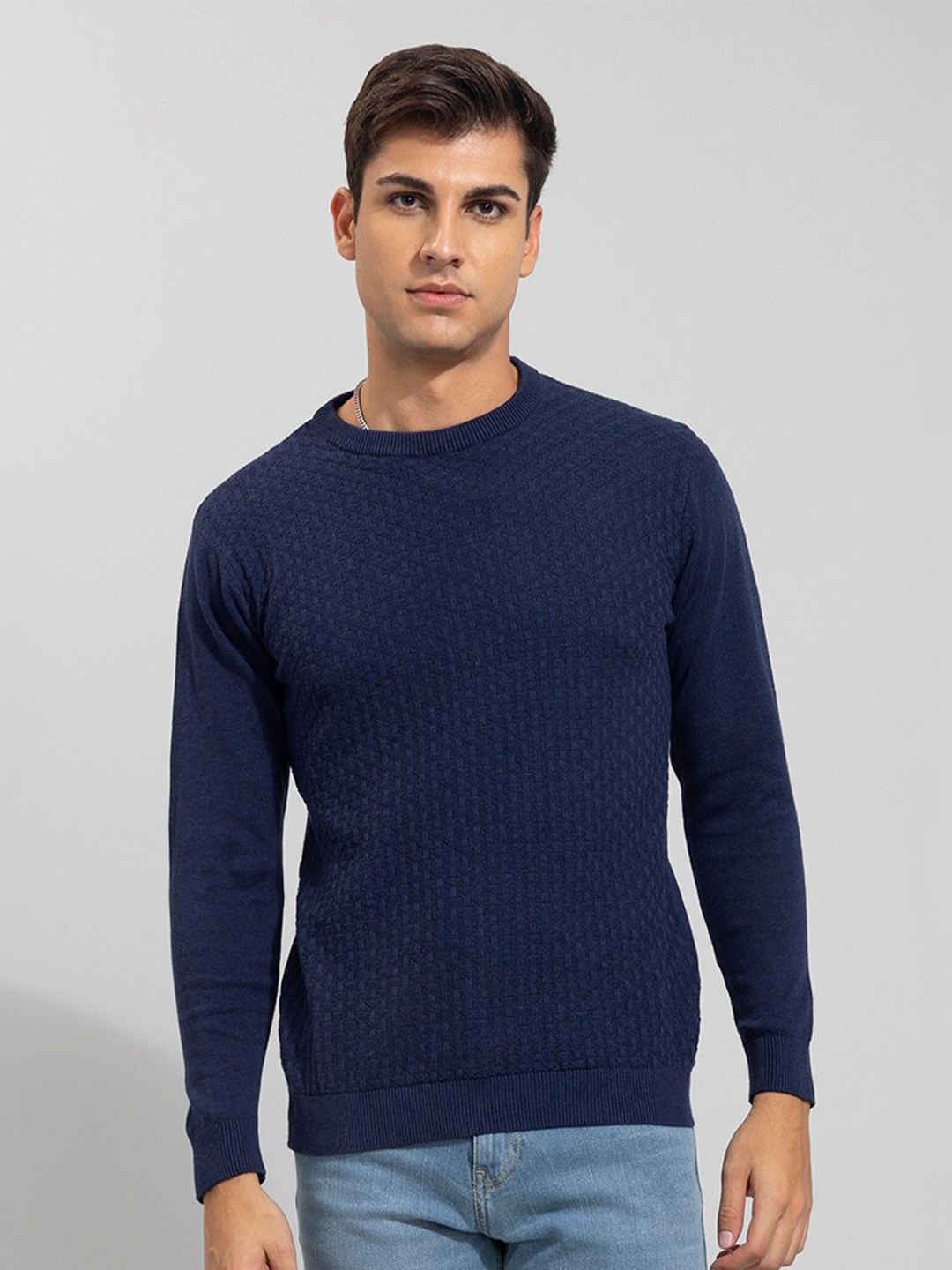 

Snitch Men Navy Blue Self Design Cable Knit Cotton Pullover Sweater