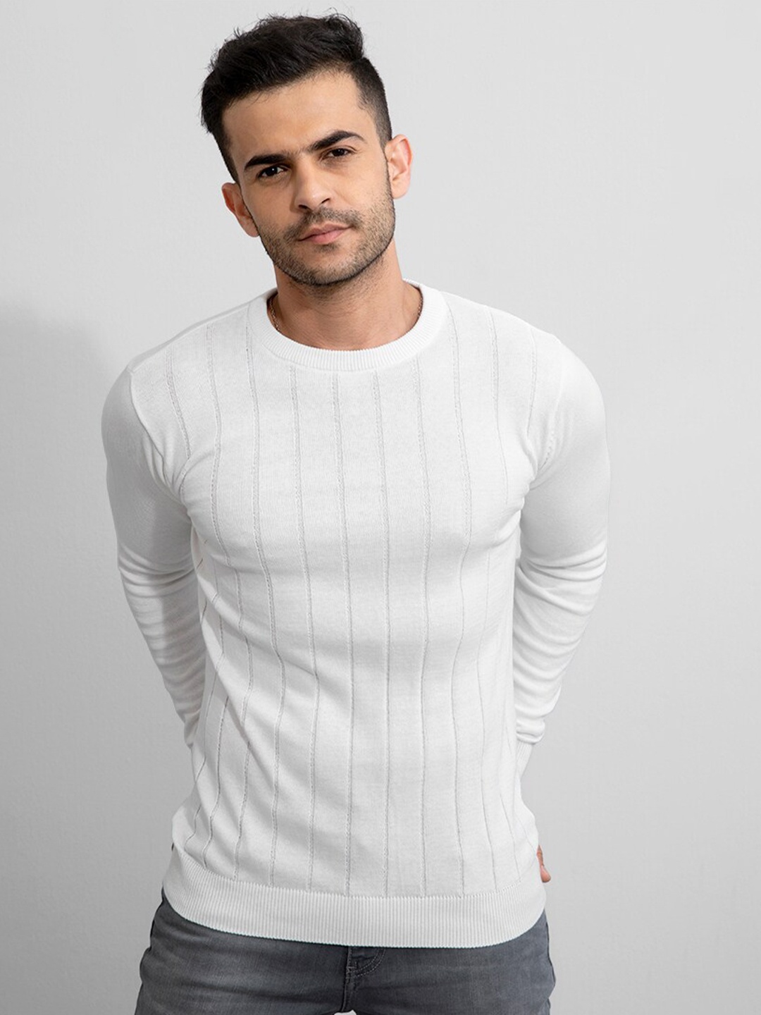

Snitch Men White Striped Cotton Pullover Sweater